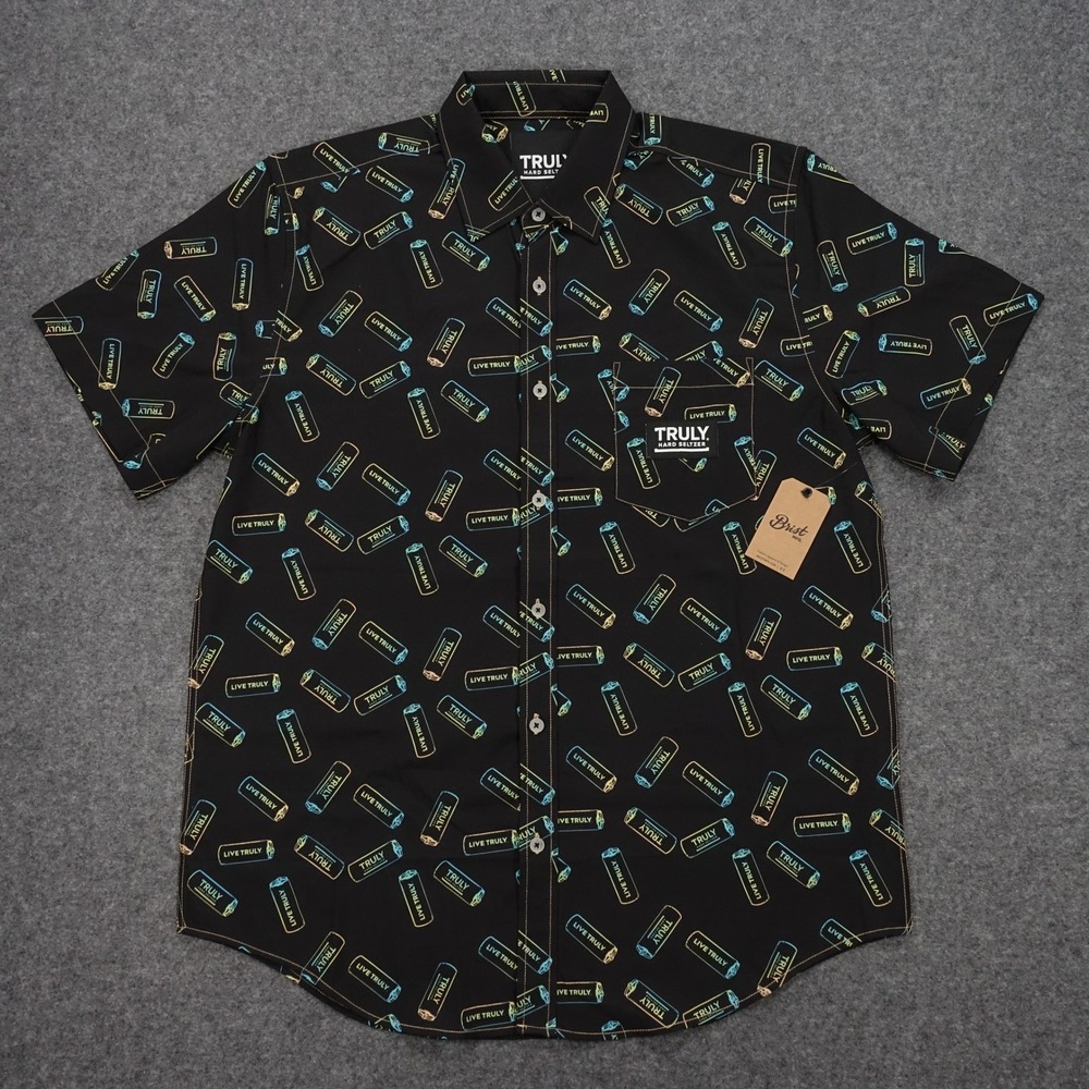 Truly Button Down Shirt Men's Medium All Over Can Print Short Sleeve Black